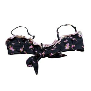 FOR LOVE AND LEMONS Black Purple Floral Ruffle Tie‎ Front Bikini Top Size Small